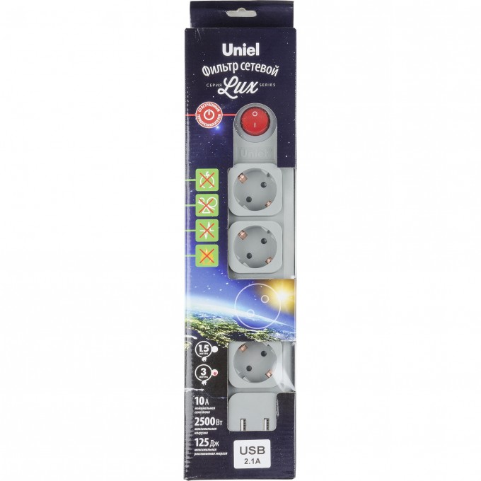 Cетевой фильтр UNIEL S-GSL5-3U GREY UL-00001761