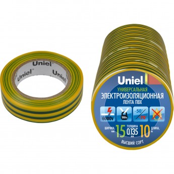Изоляционная лента UNIEL UIT-135P 10/15/10 YGR 10 м, 15 мм, 0,135 мм, 10 шт, цвет Желто-Зеленый