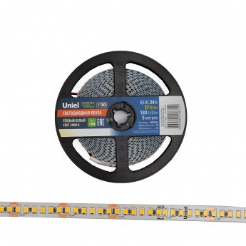Светодиодная лента UNIEL ULS-2835-180LED/m-10mm-IP20-DC24V-17W/m-5M-3000K катушка в герметичной упаковке