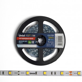 Светодиодная лента UNIEL ULS-M22-5050-30LED/m-10mm-IP20-DC12V-7,2W/m-5M-6500K PROFI катушка в герметичной упаковке